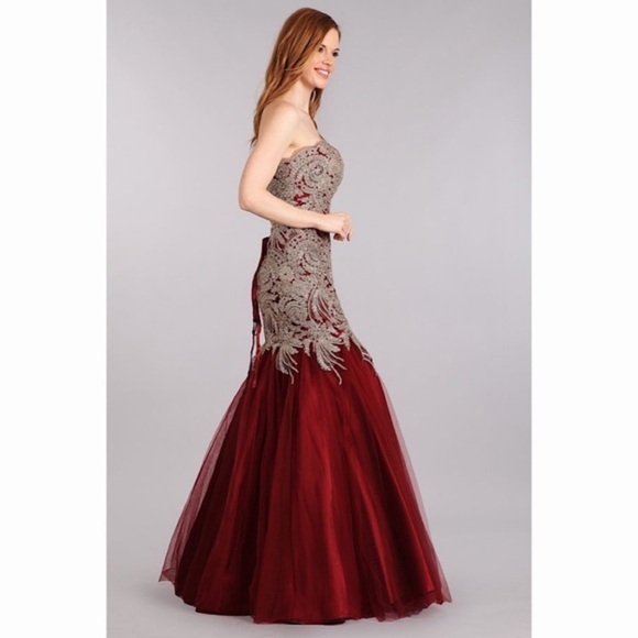 STRAPLESS Burgundy Gold Lace Mermaid Dress 1697 - Picture 4 of 7